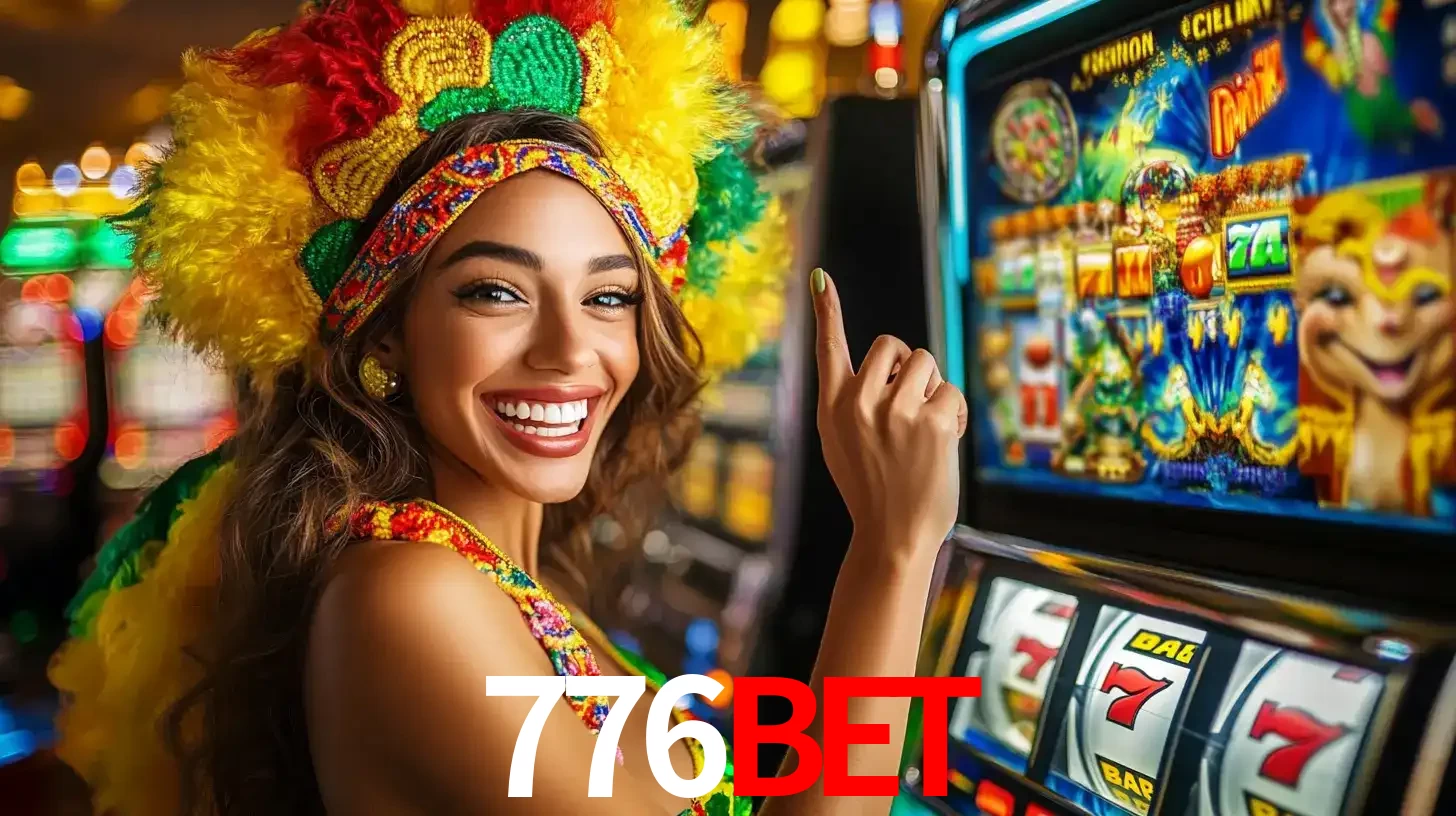 Mulher animada com um cocar de carnaval apontando para uma máquina de caça-níqueis, mostrando a emoção de ganhar um grande prêmio nos jogos do 776bet.