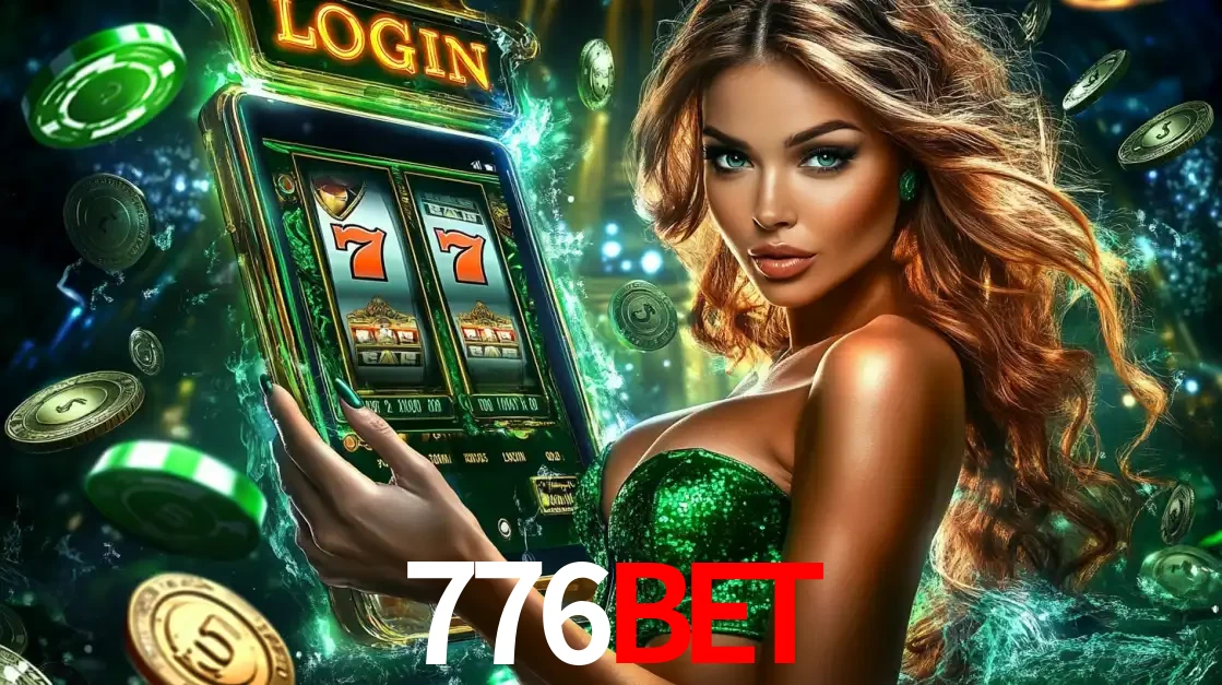 Mulher com tema verde apresentando o aplicativo do cassino 776bet com um jogo de slot de 777, cercada por fichas de cassino e uma aura de sorte.