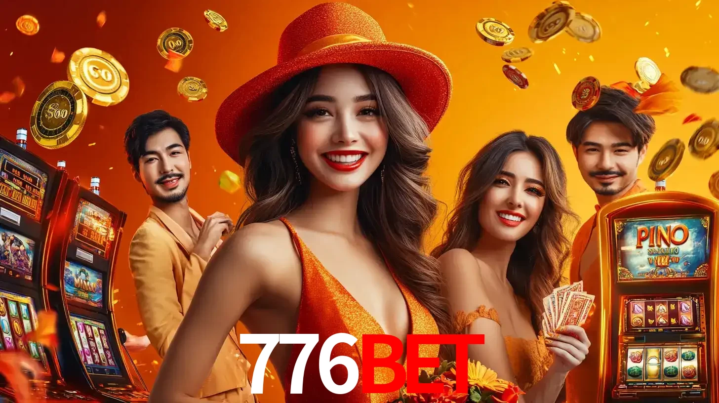 Grupo de amigos asiáticos sorrindo e se divertindo com máquinas de caça-níqueis em um ambiente festivo, celebrando suas vitórias nos jogos de cassino do 776bet.