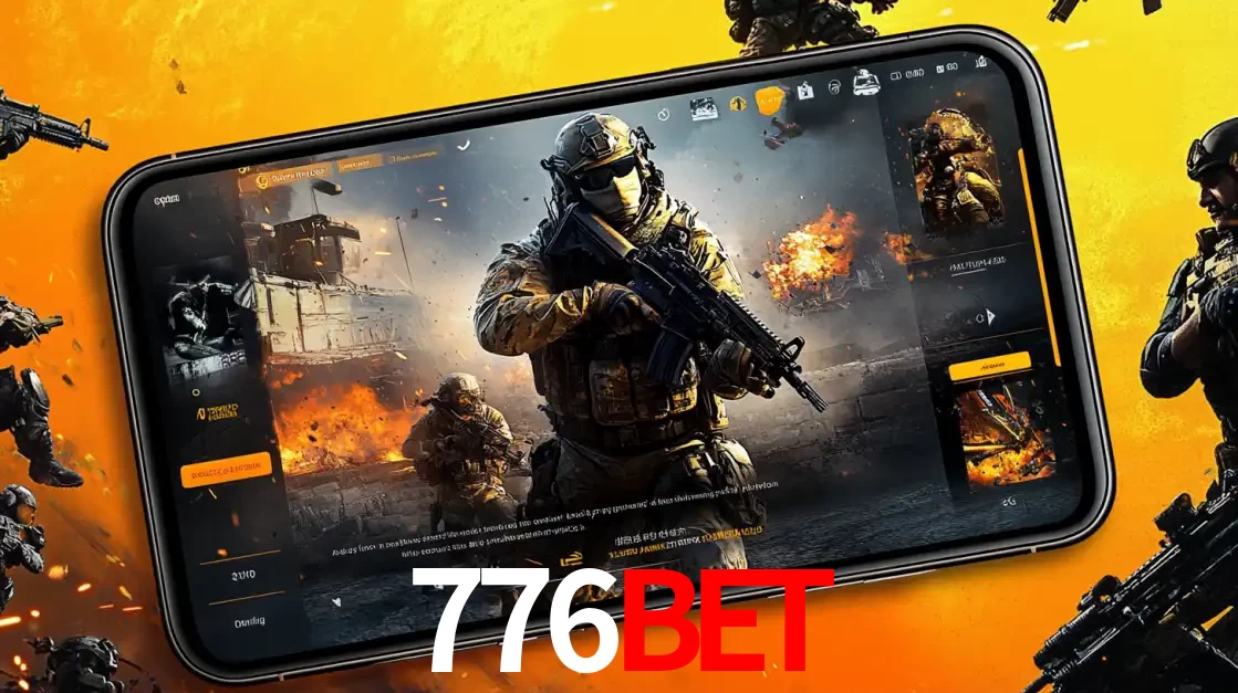 Um smartphone exibindo a interface de um jogo de tiro em primeira pessoa, com um soldado em um cenário de batalha, representando a ação dos e-sports para apostar no 776bet.