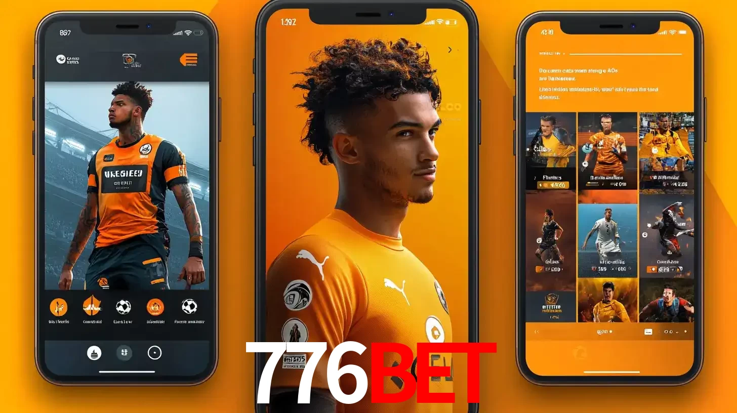 Interface do aplicativo de apostas esportivas 776bet em três telas de celular, mostrando o perfil de um jogador de futebol e a lista de jogos disponíveis para apostar.