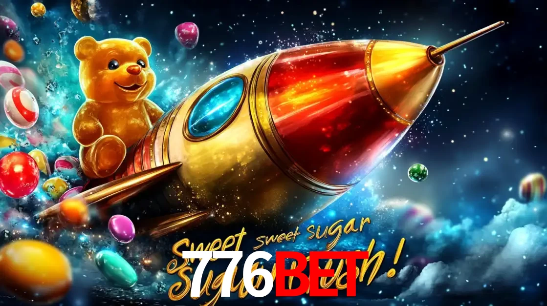 Arte promocional do jogo de slot Sugar Rush, com um urso de pelúcia em um foguete viajando pelo espaço de doces, um dos jogos divertidos disponíveis no cassino 776bet.