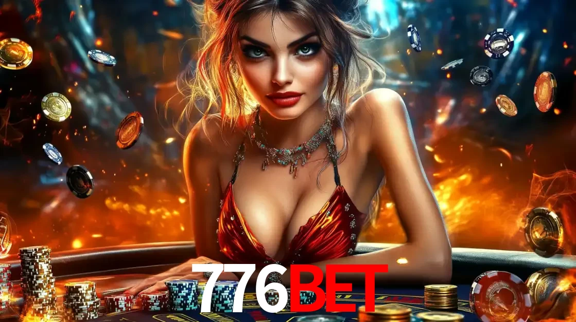 Mulher em uma mesa de cassino com pilhas de fichas e um fundo de fogo, pronta para uma rodada de altas apostas nos jogos de mesa emocionantes do cassino 776bet.