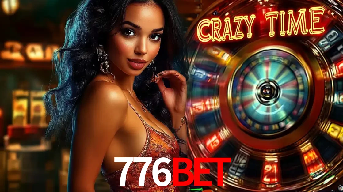 Mulher elegante ao lado da vibrante roda da fortuna do jogo de cassino ao vivo Crazy Time, um dos game shows mais populares e cheios de prêmios do 776bet.