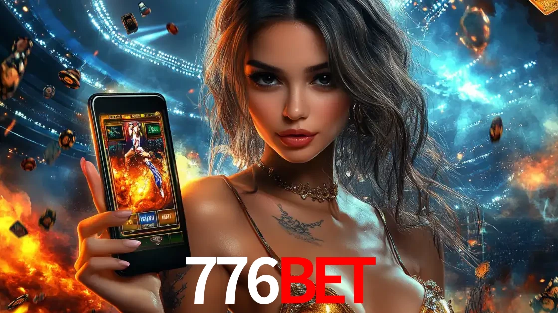 Mulher segurando um celular com um jogo de slot em destaque, tendo como fundo um estádio vibrante, simbolizando a emoção de jogar no cassino móvel 776bet.