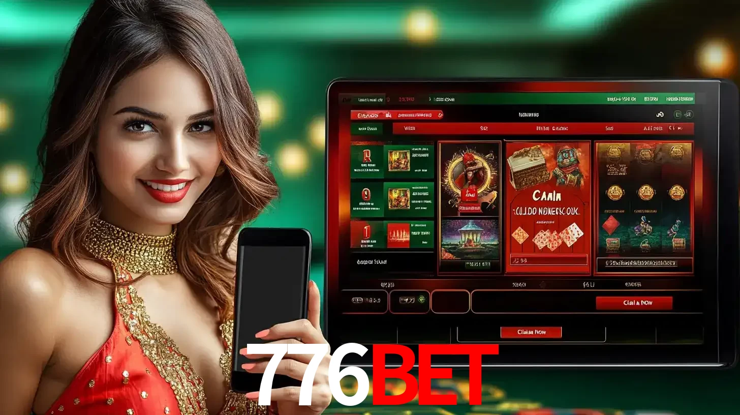 Mulher sorridente segurando um smartphone, ao lado de uma tela exibindo o lobby de jogos do cassino online 776bet, com várias opções de jogos de cartas e slots.